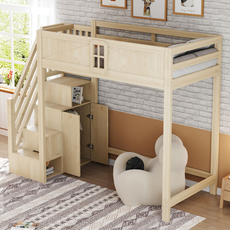Modenvie Hochbett 90×200 Cm, Einzelbett Mit Sicherheitstür, Regalen Und Umbaubarer Leiter, Ohne Matratze, Naturholz