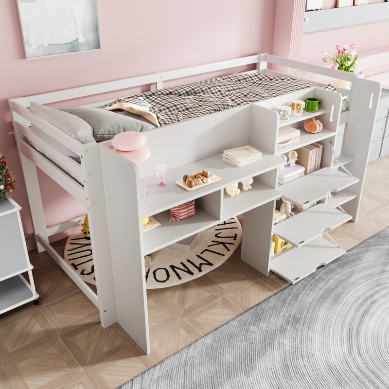 Modenvie Hochbett 90×200 Cm, Einzelbett Mit Stauraum, 3 Geschlossene Fächer Und Regale, Ohne Matratze, Aus Kiefer, Weiß