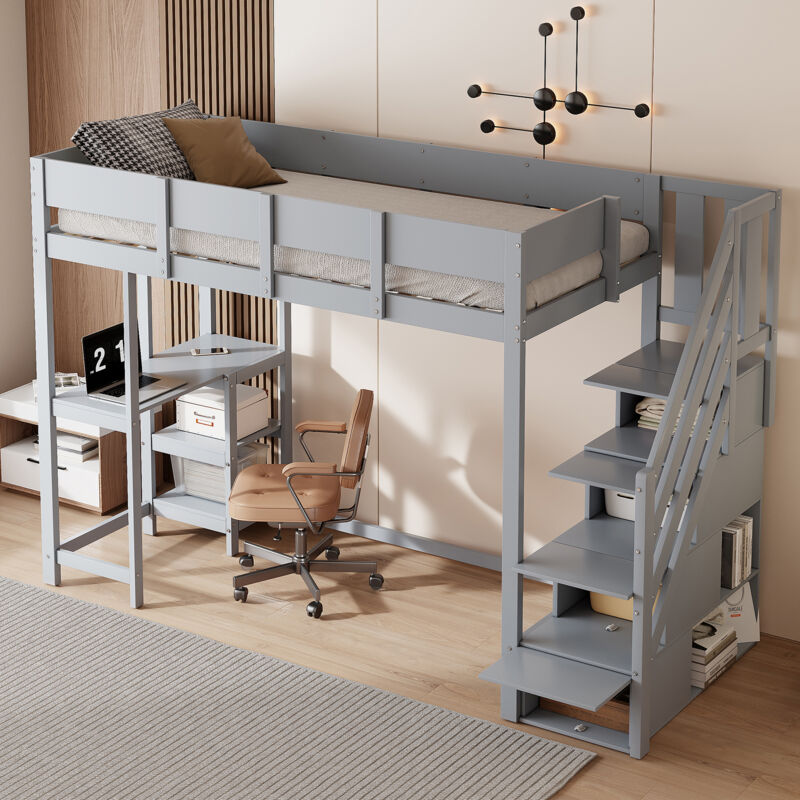 Modenvie Hochbett 90×200 Cm, Einzelbett Mit Stauraumtreppe, Ablageregal Und Schutzgeländer, Ohne Matratze, Grau