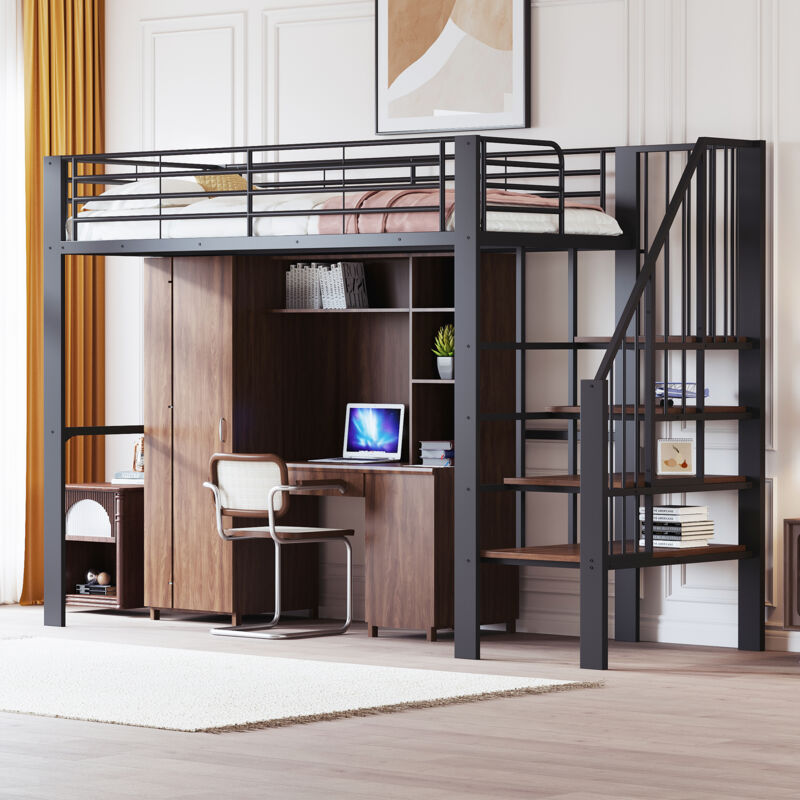 Modenvie Hochbett 90×200 Cm, Einzelbett Mit Treppe, Stauraum Unter Dem Bett, Ohne Matratze, Aus Metall Und Holz, Schwarz