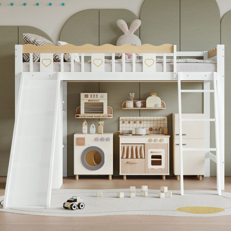 Okwish Hochbett 90x200 Cm Mit Rutsche, Integriertem Schrank Und Regal, Aus Holz, Weiß Und Natur, Ohne Matratze