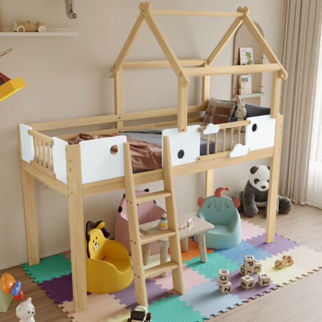 Hochbett 90x200 cm Mit Kieferngestell Weiß Und Natur