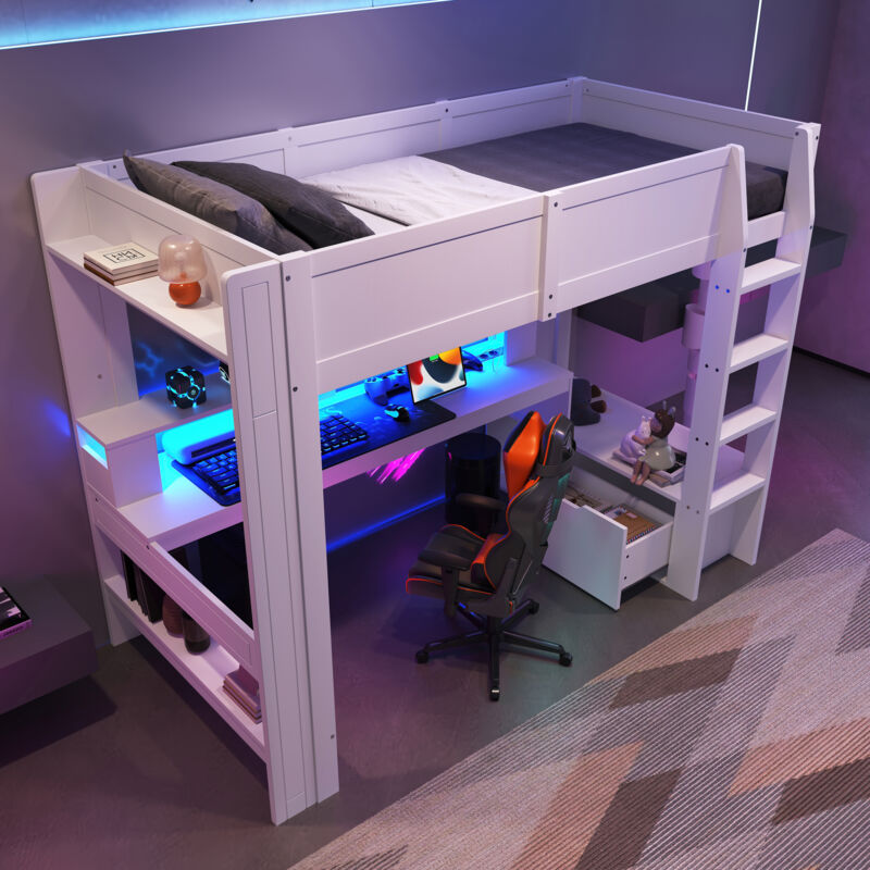 Mivray Hochbett 90x200 Cm Mit Schreibtisch, Stauraum Und Led-beleuchtung, Weiß