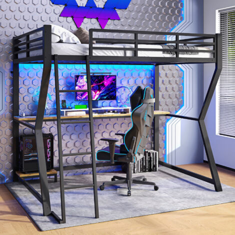 Hochbett 90x200 cm mit Schreibtisch und LED-Beleuchtung, mit USB-Steckdose, Safe, Metall und schwarzem MDF (Matratze nicht im Lieferumfang enthalten)
