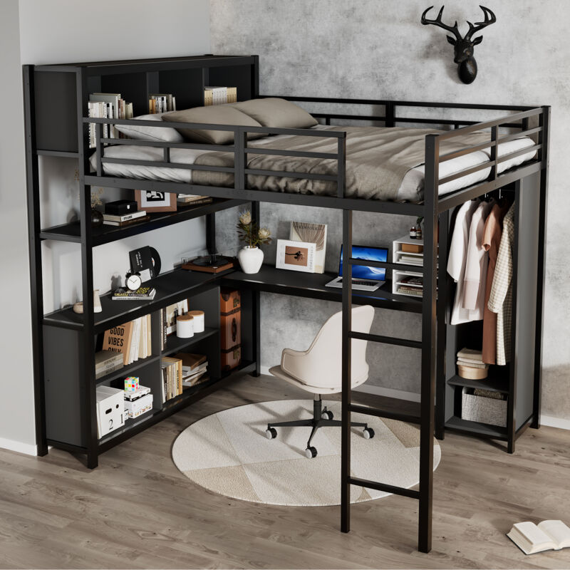Mivray Hochbett Aus Metall Und Holzwerkstoff In Schwarz, 140x200 Cm, Mit Schreibtisch, Stauraum Und Kleiderschrank