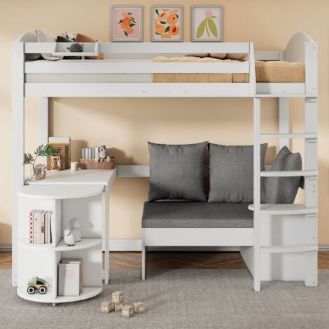 ABRIHOME Hochbett für Kinder,Multifunktionales Kinderbett, mit eine Leiter, mit ausziehbarem Tisch, Sofa mit Stauraum und mit drei Kissen und Polster, mit Lagerregale, Keine Matratze,Massivholz,Weiß,90x200