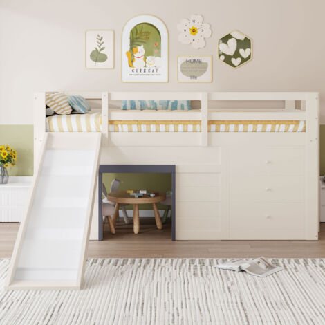 Hochbett Kinder 90x200 cm - Mit Rutsche - 3 Schubladen - 2 Türen - MDF-Kiefer Struktur - Creme - Ohne Lattenrost - Integrierter Stauraum - Weiß