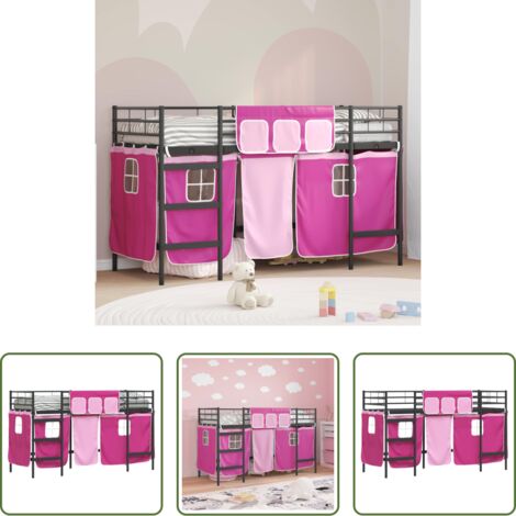 Hochbett -  Kinder Loft Bettgestell mit Vorhängen Schwarz und Pink