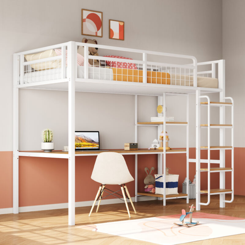 Mivray Hochbett Metall & Mdf Weiß 90x200 Cm Mit Schreibtisch, Regalen, Sicherheitsleiter Und Metall-lattenrost