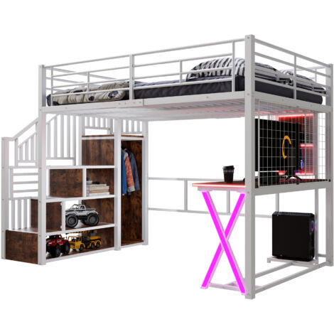Hochbett Metall+MDF Weiß 140x200 cm mit Schreibtisch, Kleiderschrank, Ablageleiter und LED-Beleuchtung