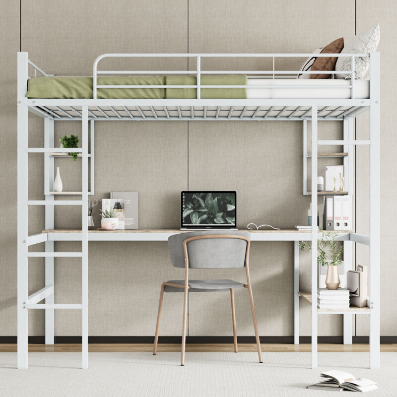 Mivray Hochbett Metall Mit Schreibtisch, Stauraum 140x200 Cm, Weiß
