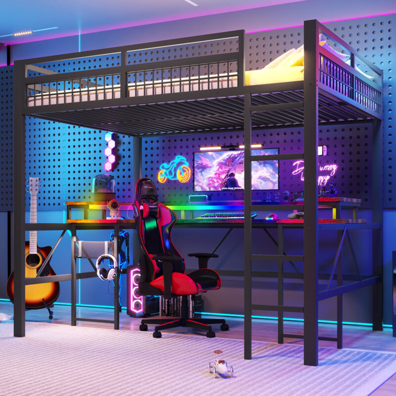 Mivray Hochbett Metall Schwarz 140x200 Cm Mit Schreibtisch, Led-lichtleiste, Usb, Typ-c Und Steckdosen
