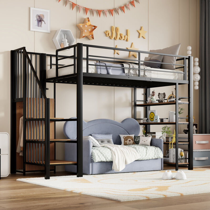 Mivray Hochbett Metall Schwarz 90x200 Cm Mit Stauraum, Regalen Und Kleinem Kleiderschrank