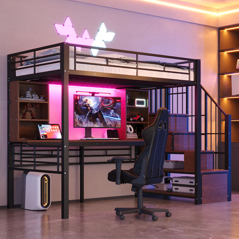 Mivray Hochbett Metall Und Mdf Schwarz 90x200 Cm Mit Schreibtisch, Stauraumtreppe, Steckdose Und Led-beleuchtung