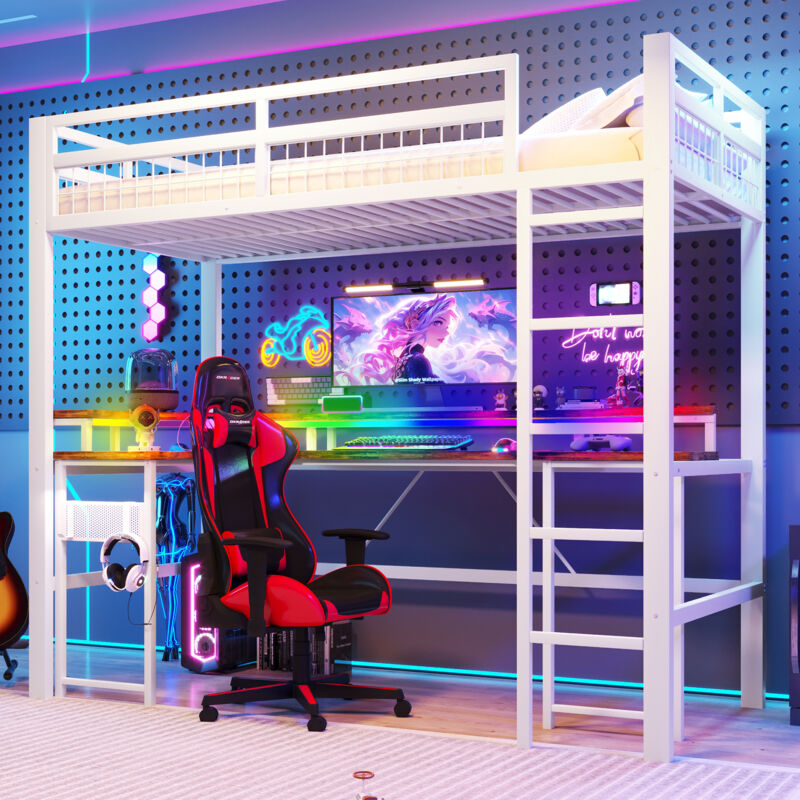 Mivray Hochbett Metall Weiß 90x200 Cm Mit Schreibtisch, Led-lichtleiste, Usb, Typ-c Und Steckdosen