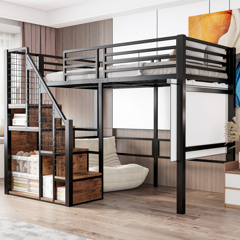 Mivray Hochbett Metall/mdf Schwarz 90x200 Cm Mit Treppe, Stauraum Und Ablagefläche