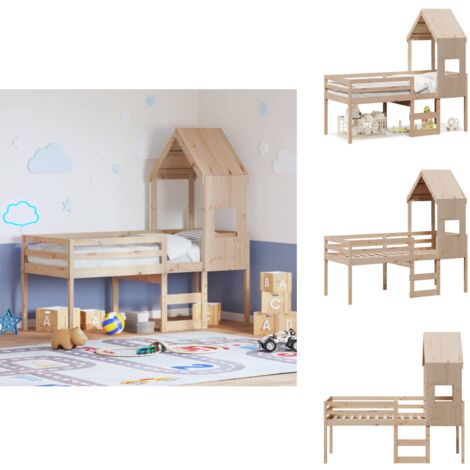 Hochbett mit Dach 75x190 cm Massivholz Kiefer - Kinderbett - Hochbett - Holzbett - Kiefernholzbett - Jugendzimmer Möbel