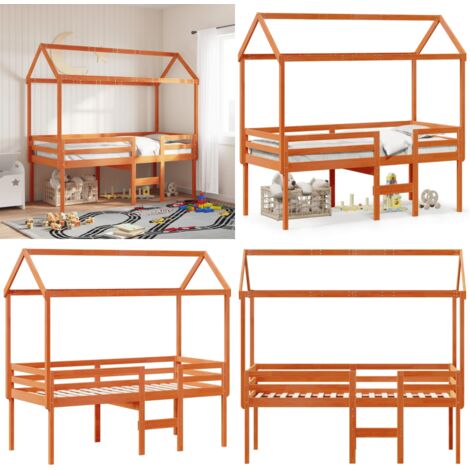 Hochbett mit Dach Wachsbraun 90x190 cm Massivholz Kiefer - Kinderbett - Hochbett - Holzbett - Kiefernholzbett - Jugendzimmer - Home & Living