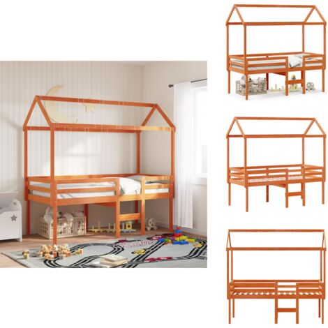 Hochbett mit Dach Wachsbraun 90x200 cm Massivholz Kiefer - Kinderbett - Hochbett - Holzbett - Kiefernholzbett - Jugendzimmer