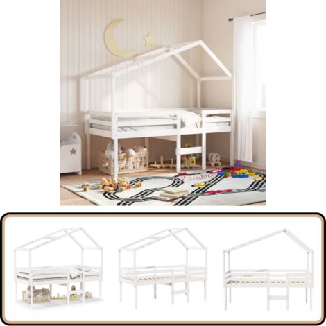 Hochbett mit Dach Weiß 80x200 cm Massivholz Kiefer - Kinderbett - Hochbett - Holzbett - Kiefernholzbett - Weißes Bett