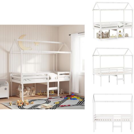 Hochbett mit Dach Weiß 80x200 cm Massivholz Kiefer - Kinderbett - Hochbett - Holzbett - Kiefernholzbett - Weißes Bett