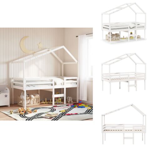 Hochbett mit Dach Weiß 80x200 cm Massivholz Kiefer - Kinderbett - Hochbett - Holzbett - Kiefernholzbett - Weißes Bett