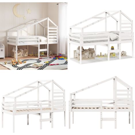 Hochbett mit Dach Weiß 80x200 cm Massivholz Kiefer - Kinderbett - Hochbett - Holzbett - Kiefernholzbett - Weißes Bett - Home & Living