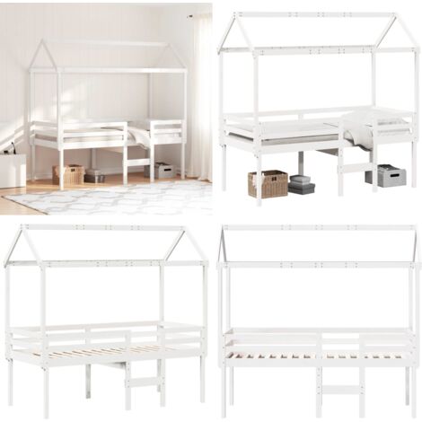 Hochbett mit Dach Weiß 90x190 cm Massivholz Kiefer - Kieferholz Bett - Hochbett für Kinderzimmer