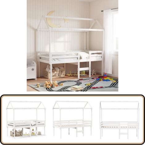 Hochbett mit Dach Weiß 90x190 cm Massivholz Kiefer - Kinderbett - Hochbett - Holzbett - Kiefernholzbett - Weißes Bett