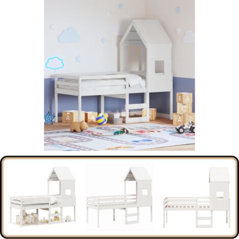 Hochbett mit Dach Weiß 90x200 cm Massivholz Kiefer - Kinderbett - Hochbett - Holzbett - Kiefernholzbett - Weißes Bett