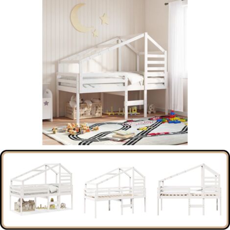Hochbett mit Dach Weiß 90x200 cm Massivholz Kiefer - Kinderbett - Hochbett - Holzbett - Kiefernholzbett - Weißes Bett