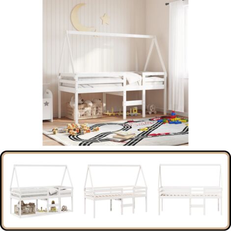 Hochbett mit Dach Weiß 90x200 cm Massivholz Kiefer - Kinderbett - Hochbett - Holzbett - Kiefernholzbett - Weißes Bett
