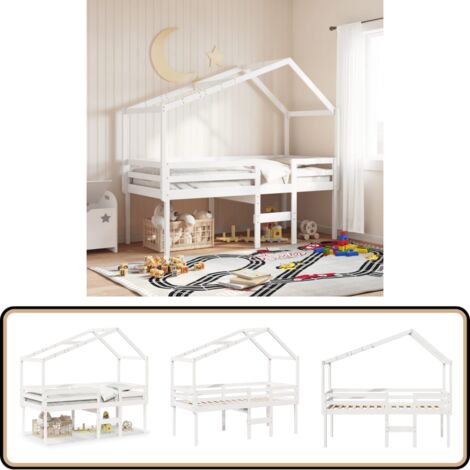 Hochbett mit Dach Weiß 90x200 cm Massivholz Kiefer - Kinderbett - Hochbett - Holzbett - Kiefernholzbett - Weißes Bett