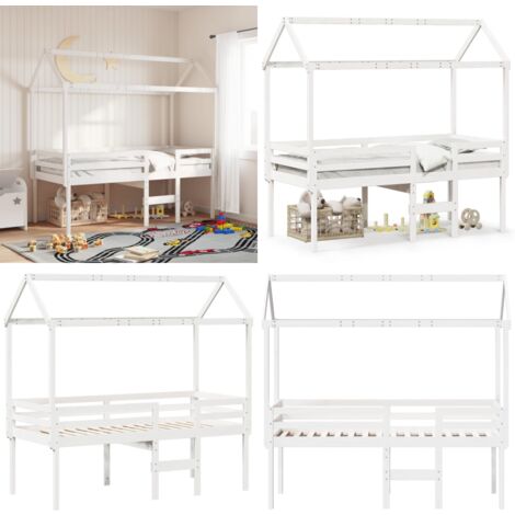Hochbett mit Dach Weiß 90x200 cm Massivholz Kiefer - Kinderbett - Hochbett - Holzbett - Kiefernholzbett - Weißes Bett - Home & Living