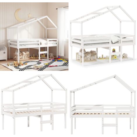 Hochbett mit Dach Weiß 90x200 cm Massivholz Kiefer - Kinderbett - Hochbett - Holzbett - Kiefernholzbett - Weißes Bett - Home & Living