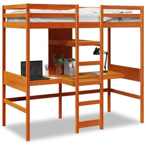 Hochbett mit Schreibtisch & Ablagen Braun 90x200 cm Kiefernholz vidaXL