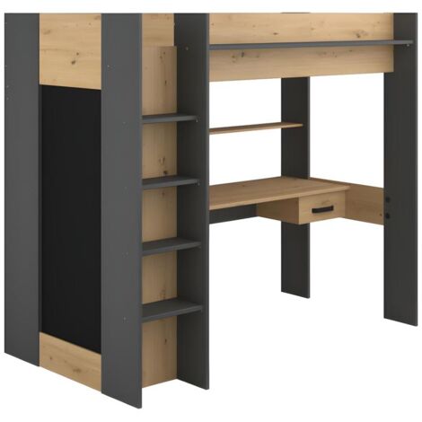 LES TENDANCES Hochbett mit Schreibtisch + Kleiderschrank - 90 x 200 cm - Naturfarben & Anthrazit - AUCKLAND