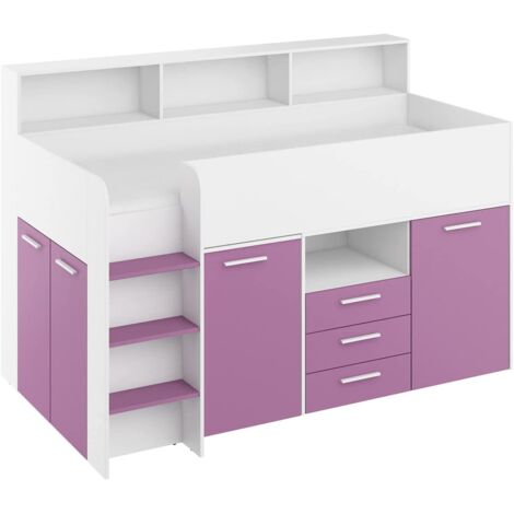Hochbett mit Schreibtisch NEO linke seite weiß / lavendel