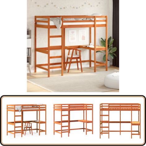 Hochbett mit Schreibtisch Wachsbraun 90x200cm Massivholz Kiefer - Hochbett - Jugendzimmer - Kinderschlafzimmer - Schreibtischbett - Holzbett