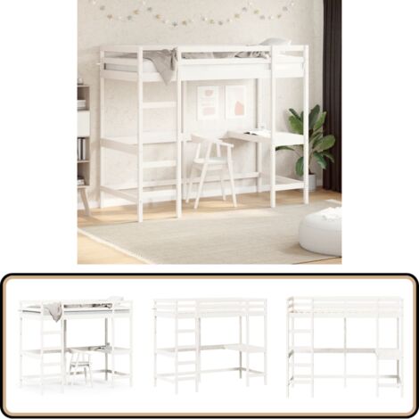 Hochbett mit Schreibtisch Weiß 90x200 cm Massivholz Kiefer - Hochbett - Jugendzimmer - Schreibtischbett - Kinderbett - Kiefernholz