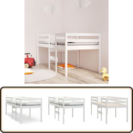 Hochbett Weiß 90x190 cm Massivholz Kiefer - Kinderbett - Hochbett - Jugendzimmer - Weißes Bett - Kiefernholzbett