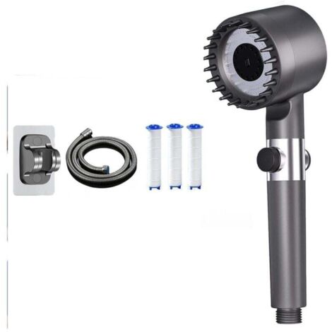 Hochdruck-Duschkopf mit Anti-Kalk-Funktion – 4 Strahlarten – 1,5 m Schlauch – Halterung – Stopptaste – Grau