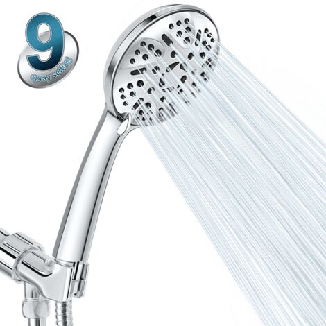 Hochdruck-Handbrausekopf, 9 Strahlarten, 5-Zoll-Regenbrause mit 60-Zoll-Edelstahlschlauch, verstellbarer Winkelhalterung, Teflonband und Reibungsdämpfung