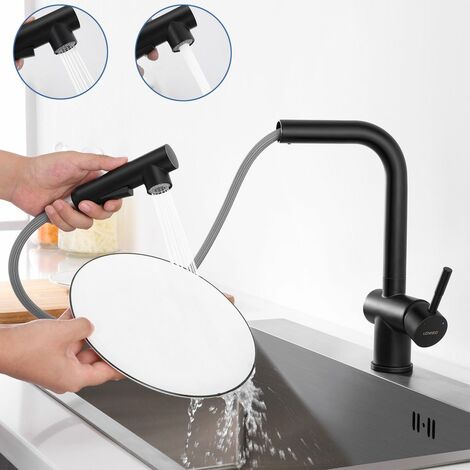 Hochdruck-Küchenarmatur zum Herausziehen, schwarzer Spültischarmatur mit 2 Auslauffunktionen, Einhebel-Küchenarmatur um 360° drehbar, Küchenmischbatterie aus Edelstahl