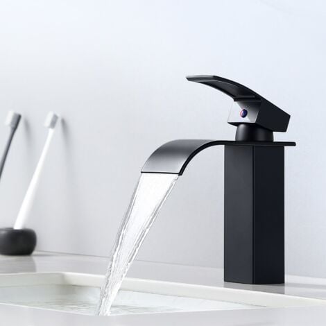 Hochdruck Wasserfall Wasserhahn Bad Armatur Mischbatterie Badarmatur Einhebelmischer Waschtischbatterie für Badezimmer, Schwarz