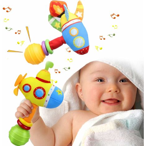Hochet Jouet Eveil Bébé 3 6 9 12 Mois,Montessori avec Grelot Musical Fille Garcon Enfant 1 2 Ans,Triomphe Jeux Peluche Coloré sous-Marin Fusée,Cadeau Naissance Bebe Fille Garcon(2 Pack)