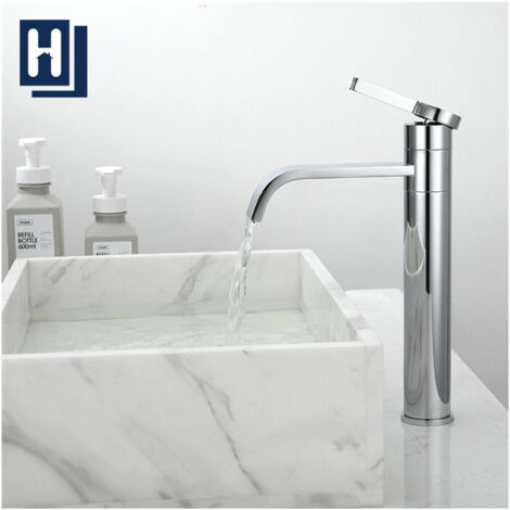 Hochgewölbter Badezimmer-Wasserfallhahn mit 360° schwenkbarem Auslauf – Waschtischarmatur aus verchromtem Messing im modernen Design für das Badezimmer
