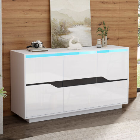 Hochglanz-Sideboard in Weiß und Schwarz mit LED, 3 Türen, verstellbare Regale, grifflos, Sofa-Beistellschrank, 140 x 40 x 76 cm