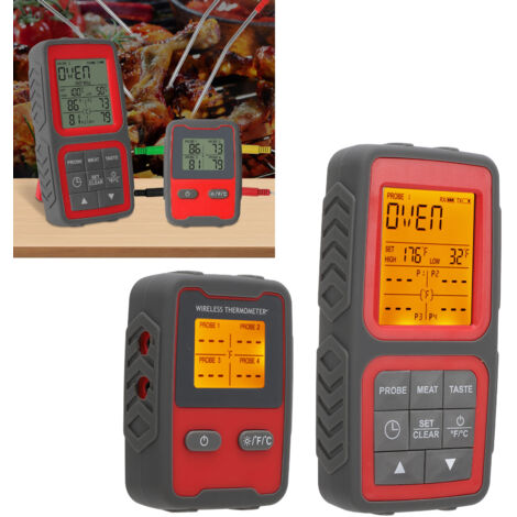 Hochpräzises drahtloses Fleischthermometer mit LCD-Temperaturanzeige, 4 Sonden, Alarmfunktion und voreingestellter Temperatur.