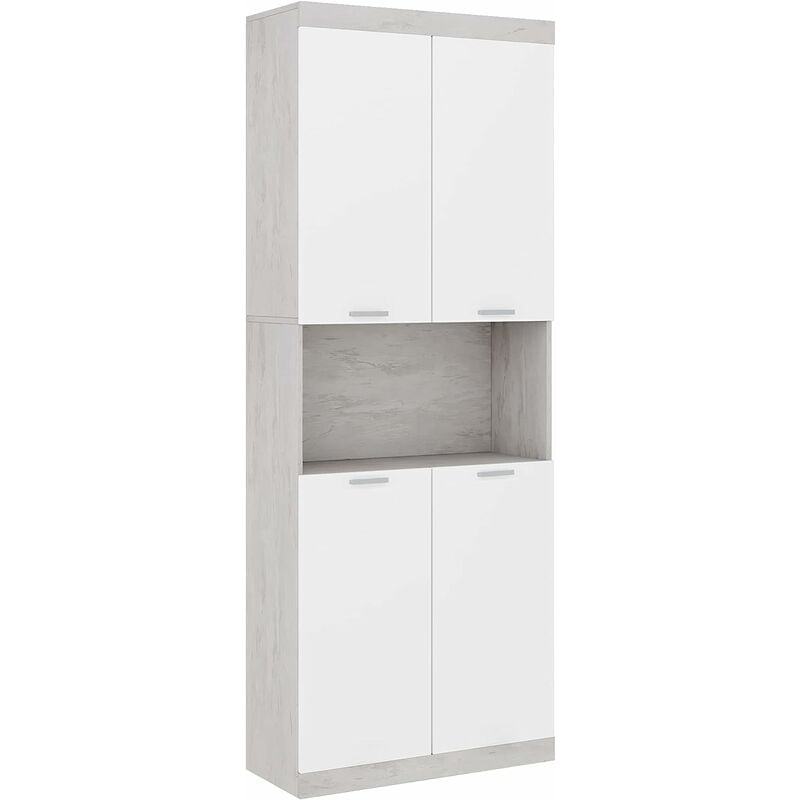 Hochschrank aus Holz Badschrank Küchenschrank mit 4 Türen Aufbewahrungsschrank für Badezimmer Wohnzimmer Küche 73x31x183cm Weiß und Grau